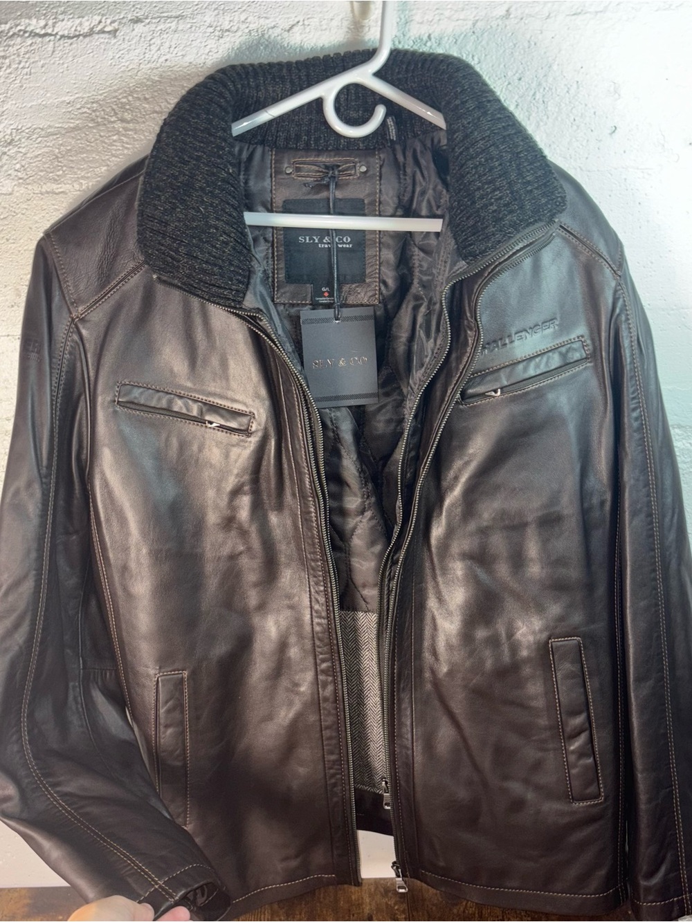 Sly & Co. NWT Men’s Brown Leather Bomber Jacket with Knit Collar LARGE
